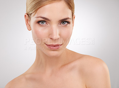 Buy stock photo Skincare, cosmetics and portrait of woman with confidence, beauty and natural facial in studio. Dermatology, healthy skin and face of girl on white background for luxury care, anti aging and wellness