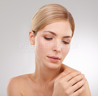 Buy stock photo Beauty, skincare and face of woman with natural glow, salon cosmetics and anti aging facial in studio. Dermatology, healthy skin and girl on white background with self care, relax and wellness.