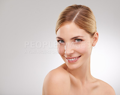 Buy stock photo Beauty, cosmetics and portrait of woman with smile for skincare, confidence and facial on studio mockup. Dermatology, healthy skin and face of girl on white background with care, space and wellness.