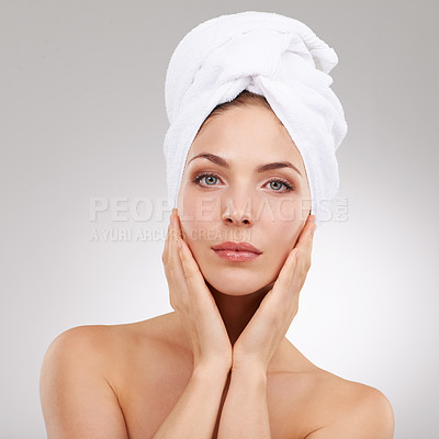 Buy stock photo Beauty, cosmetics and portrait of woman with towel, natural glow and getting ready in studio. Dermatology, healthy skin and girl on white background with luxury facial, morning routine and skincare.