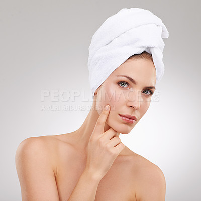 Buy stock photo Natural beauty, skincare and portrait of woman with towel, glow and getting ready in studio. Dermatology, healthy skin and girl on white background with luxury facial, morning routine and cosmetics.