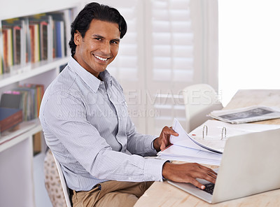Buy stock photo Businessman, laptop and portrait with paperwork in home for remote work, research or online planning in workspace. Financial analyst, person and technology with sales project, happiness and documents
