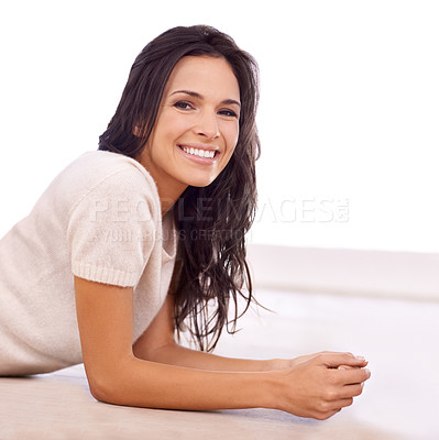 Buy stock photo Woman, portrait and smile on floor for relax with leisure, weekend break or confidence in apartment. Person, lying down and face with happiness in home on wooden flooring for fun or freedom in lounge