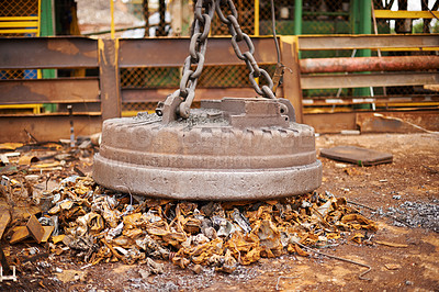 Buy stock photo Recycle, metal and rust on magnet in junkyard for sorting, garbage and scrap reuse at landfill site. Steel, iron and industrial electromagnet excavator for urban pollution at waste dump with machine