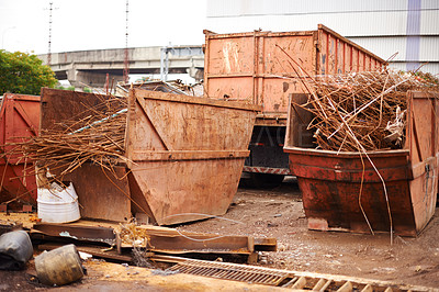 Buy stock photo Recycle, metal and rust on skip in junkyard for sorting, garbage and scrap reuse at landfill site. Steel, iron and industrial bin for truck with urban pollution at waste dump with machine