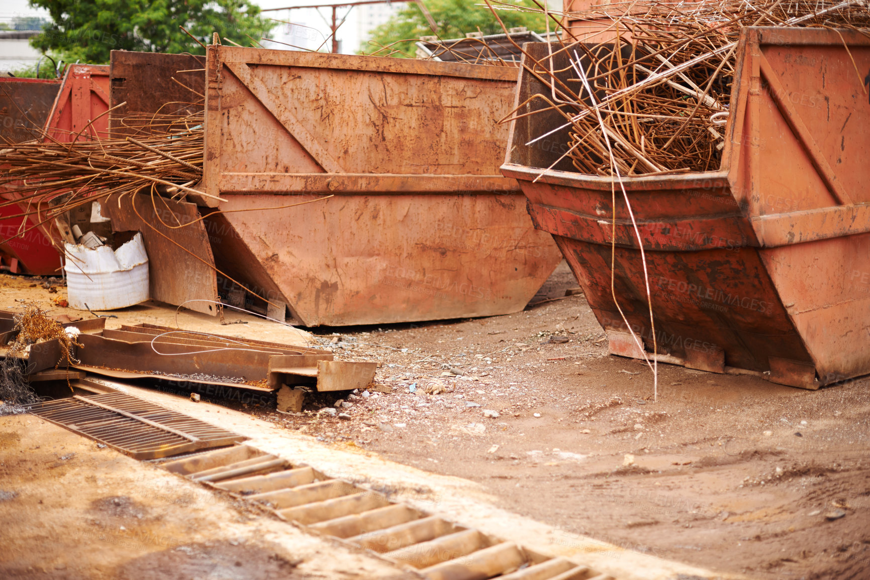 Buy stock photo Recycle, scrap and rust on skip in junkyard for sorting, garbage and metal reuse at landfill site. Steel, iron and industrial bin for truck transport with urban pollution at waste dump with machine