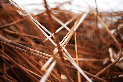 Buy stock photo Rust, metal and wire for recycling in landfill, scrapyard or junkyard with waste. Environment, iron and cable with disposal for construction, upcycling and conservation for industrial maintenance