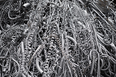 Buy stock photo Metal shaving, wire and abstract of material with scrap, manufacturing and industry maintenance. Design, aluminium and waste with texture for production, construction and recycling for environment 