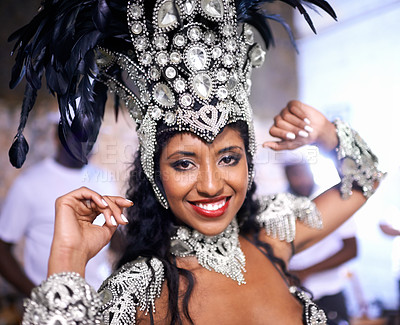 Buy stock photo Dancer, carnival and woman in portrait with smile, pride and culture with band for music performance in night. People, men and girl at event, party and celebration with tradition in Rio de Janeiro