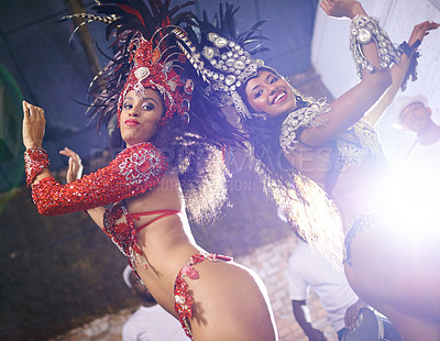 Buy stock photo Samba, dance and woman at carnival, festival and event in Brazil for summer celebration at night. Happy, dancer or creative fashion for salsa performance with energy, music or people at club to party