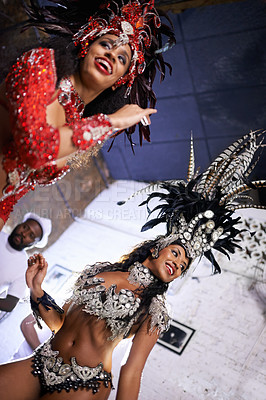 Buy stock photo Samba, dance and woman at carnival, festival and event in Brazil for summer celebration at night. Sexy, dancer or creative fashion for salsa performance with energy, music or people at club to party
