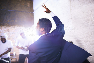 Buy stock photo Happy, dance and man at event with music, band and samba in celebration of culture in Brazil. Drums, musician and person moving with creative performance at party and joy from salsa or talent