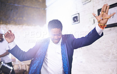 Buy stock photo Happy, dance and black man at event with music, band and samba in celebration of culture in Brazil. Drums, musician and person moving with creative performance at party and joy from salsa or talent