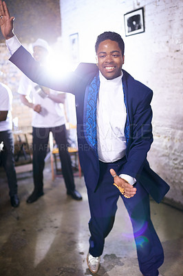 Buy stock photo Happy, dance and black man at event with music, light and samba in celebration of culture in Brazil. African, person and moving with creative performance at party and joy from salsa or talent