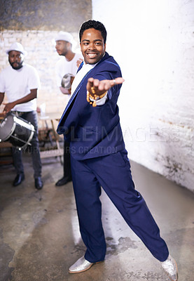 Buy stock photo Happy, dance and black man at event with music, band and invitation to samba on floor in Brazil. Drums, musician and person moving with creative performance at party and joy from salsa or talent