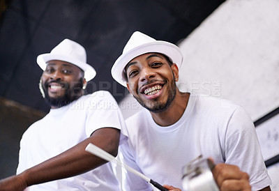 Buy stock photo Show, music or portrait of band in carnival playing an instrument in festival in Rio de Janeiro. Brazil, night or group of happy male artists banging on a drum to create a beat in party performance