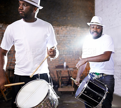Buy stock photo Night, drum or black people in band for carnival playing an instrument in festival in Rio de Janeiro. Brazil, show or group of male artists banging to create a beat in fun party or music performance