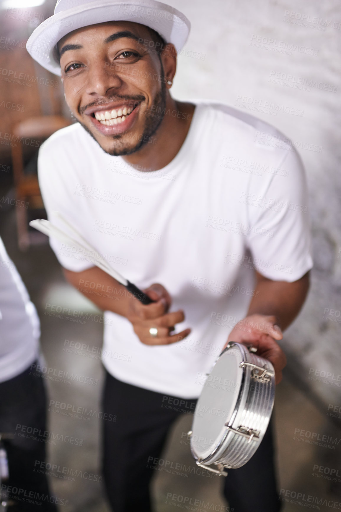 Buy stock photo Happy, man and music on drums for carnival, festival or performance with band at party. Night, club and musician smile in portrait with instrument for playing creative samba or salsa beat with rhythm