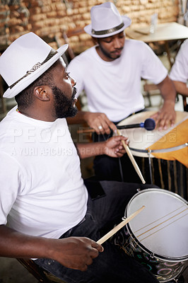 Buy stock photo Group, band and music on drums for carnival, festival or creative performance at party in Brazil. Night, club and musicians with instrument for playing samba, salsa beat and rhythm in Rio de Janeiro