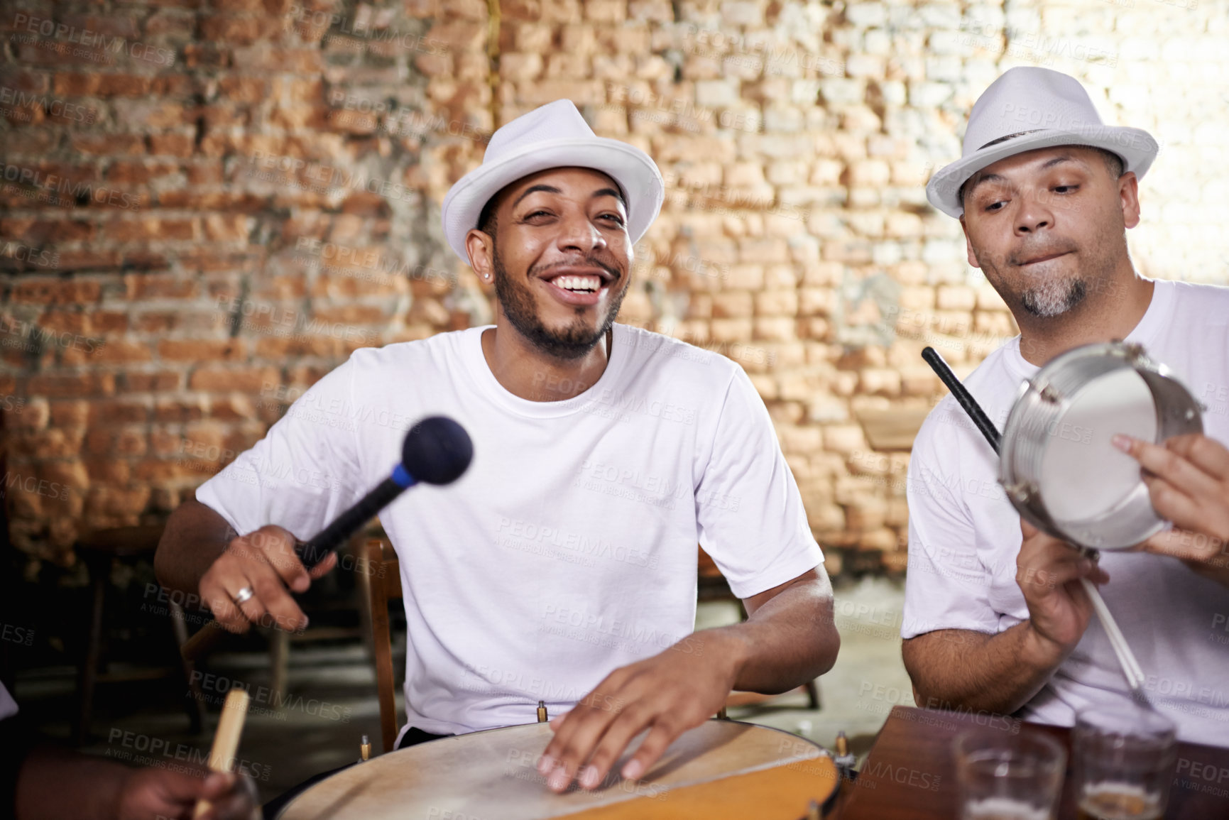 Buy stock photo Happy, man and music on drums for carnival, festival or performance with band at party. Night, club and musician smile in portrait with instrument for playing creative samba or salsa beat with rhythm