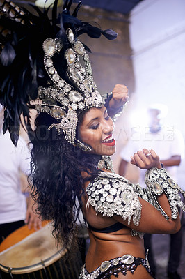 Buy stock photo Dance, performance and woman at carnival, festival and event in Brazil for summer celebration of culture. Samba, dancer and creative fashion salsa with energy to music or people at club or party