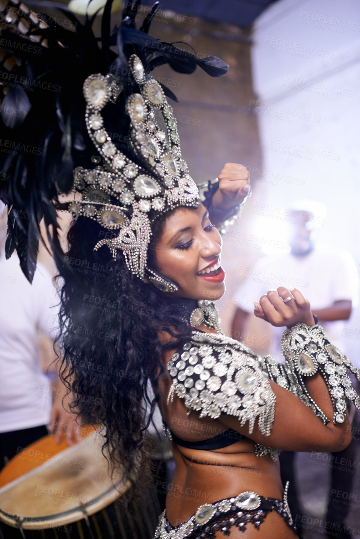 Buy stock photo Dance, performance and woman at carnival, festival and event in Brazil for summer celebration of culture. Samba, dancer and creative fashion salsa with energy to music or people at club or party