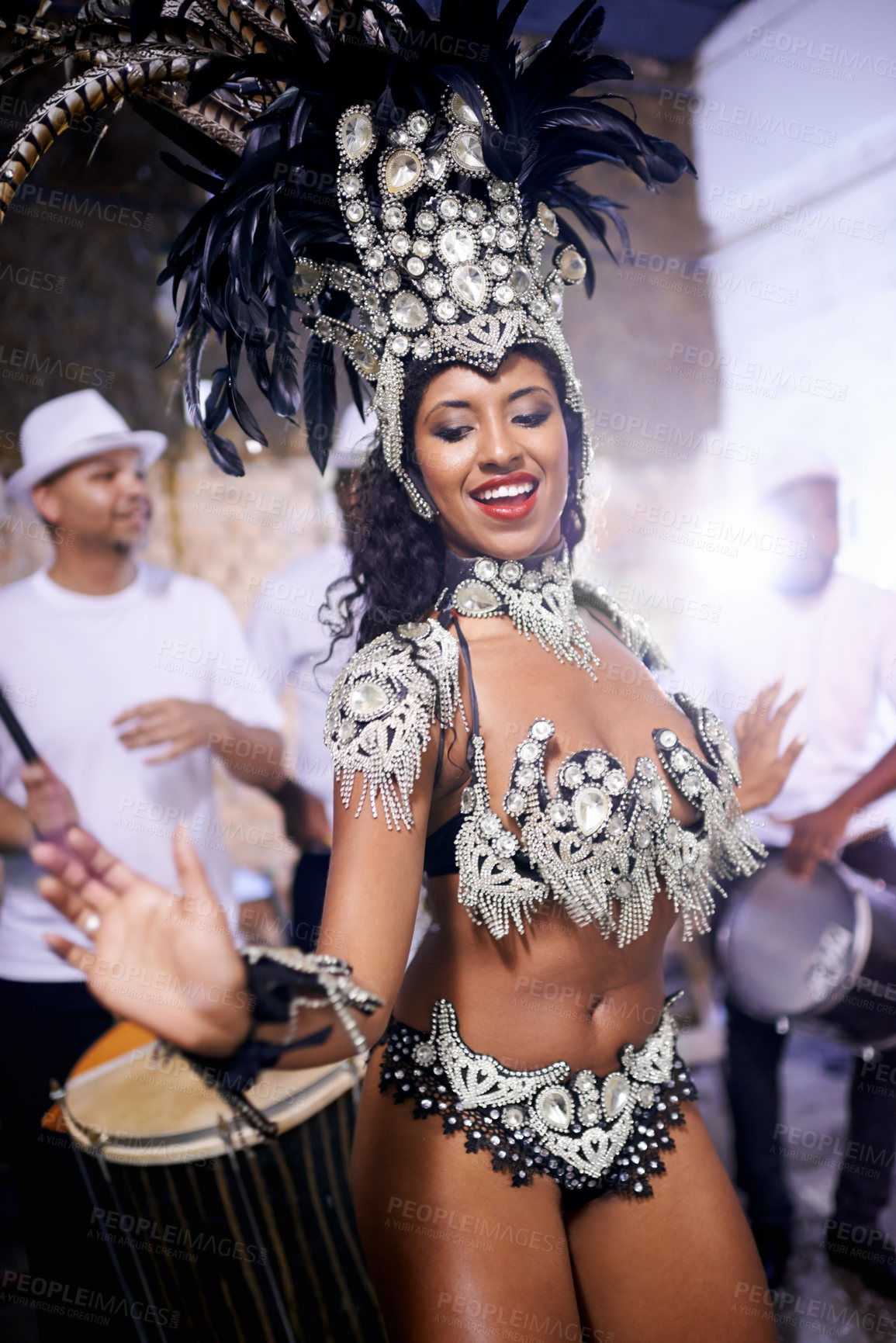 Buy stock photo Samba, dance and woman in performance at carnival, festival and event in Brazil for summer celebration of culture. Salsa, dancer and creative fashion at party with energy to music or people at club