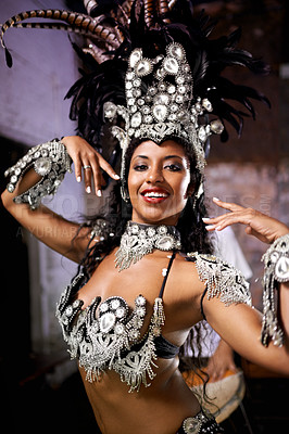 Buy stock photo Dancer, carnival and woman in portrait with confidence, pride and culture in concert for music performance in night. Person, girl and stage at event, party and smile at celebration in Rio de Janeiro