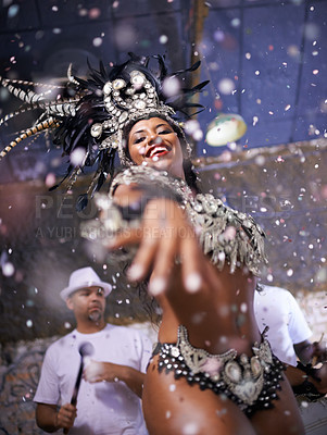 Buy stock photo Dance, performance and woman samba at carnival, festival and event in Brazil for summer celebration of culture. Happy, dancer and creative fashion for salsa, party and night with confetti and music