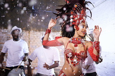 Buy stock photo Dance, performance and woman at carnival, festival and event in Brazil for summer celebration of culture. Salsa, dancer and creative fashion at club with energy for samba, music or people at party
