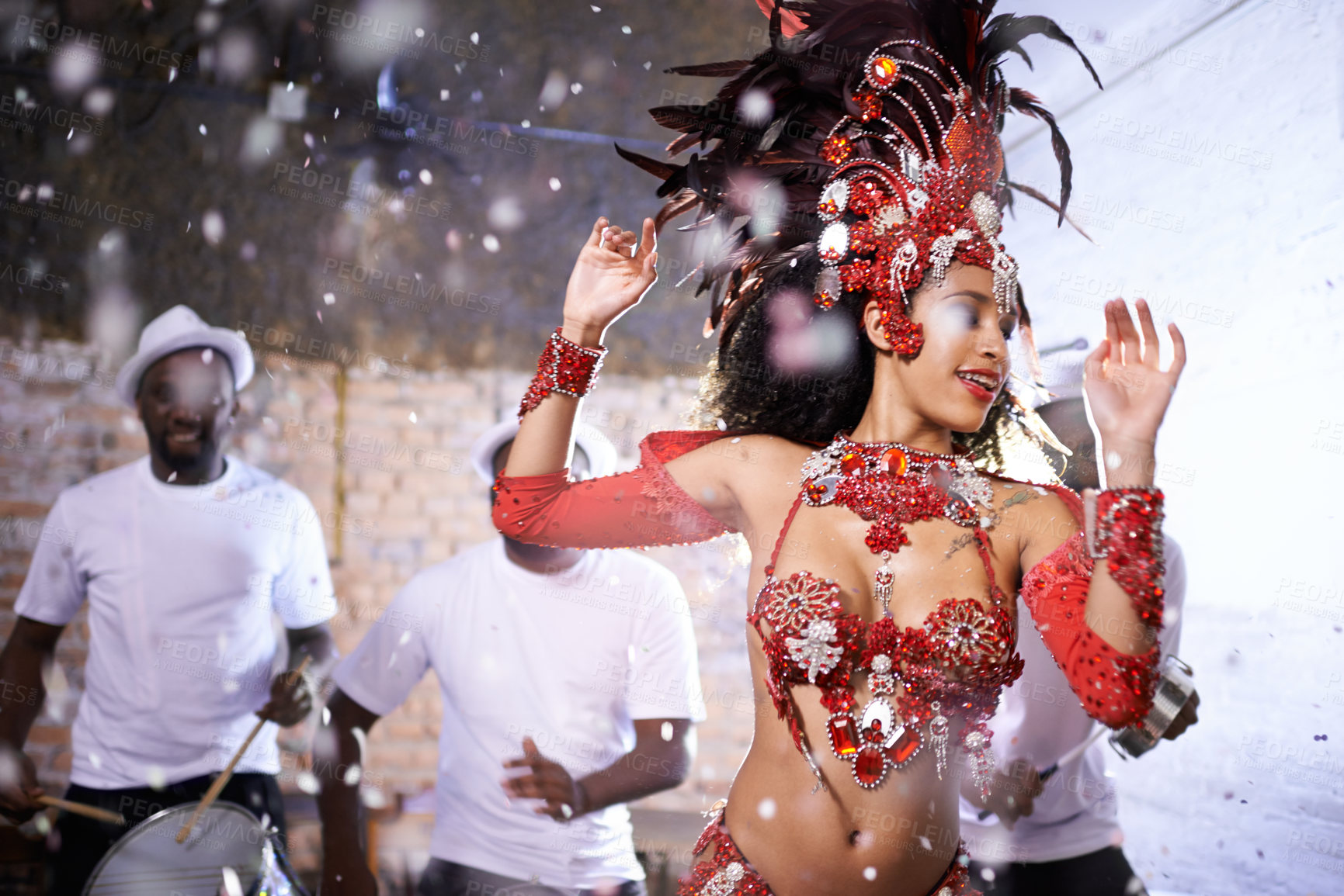 Buy stock photo Dance, performance and woman at carnival, festival and event in Brazil for summer celebration of culture. Salsa, dancer and creative fashion at club with energy for samba, music or people at party