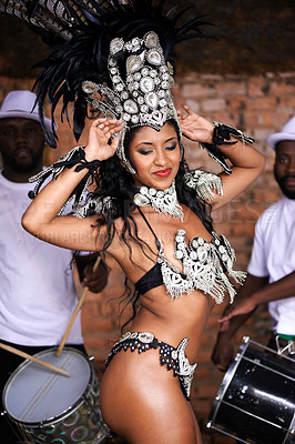 Buy stock photo Dancer, carnival and woman with band with smile, pride and culture with group for music performance in night. People, men and dancing girl at event, party or celebration for history in Rio de Janeiro