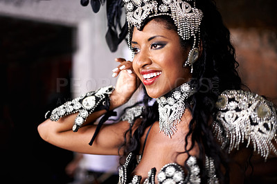 Buy stock photo Dancer, carnival and woman with performance, happy and pride for culture on stage, music and band in night. Girl, smile and people dancing at event, party or celebration for history in Rio de Janeiro