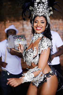 Buy stock photo Dancer, carnival and woman with performance, portrait or pride for culture in group, music or band in night. Girl, smile and men dancing at event, party and celebration with drums in Rio de Janeiro