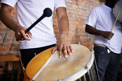 Buy stock photo Hands, drum or carnival with a person playing an instrument in a festival in Rio de Janeiro, Brazil. Closeup, band or party with a musician, performer or artist banging to create a beat or rhythm