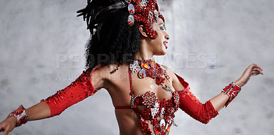 Buy stock photo Culture, dance and woman at carnival in Brazil with costume for celebration, music and happy band performance. Samba, party and girl in street festival, parade or show in Rio de Janeiro with smile.