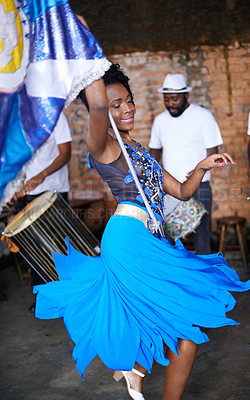 Buy stock photo Show, drums or festival with a happy woman or dancer dancing in a carnival in Rio de Janeiro, Brazil. Performance, party or rhythm with musician, performer or artist banging to create beat in band