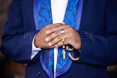 Buy stock photo Worship, praying or hands of man with rosary for God, faith or belief for support or hope in Christian religion. Closeup, priest or person with prayer beads for spiritual healing, praise or trust