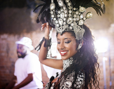 Buy stock photo Dancer, carnival and girl with performance, band or pride for culture in group, music or concert in night. Woman, smile and people dancing at event, party or celebration for show in Rio de Janeiro