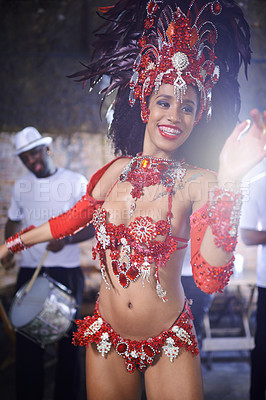 Buy stock photo Show, dance and woman at carnival with costume for celebration, music and happy band performance in Brazil. Samba, party and girl in street festival, parade and culture in Rio de Janeiro with smile.