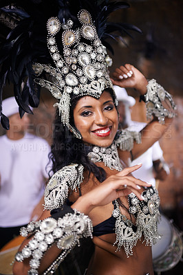 Buy stock photo Culture, portrait and woman at carnival with costume for celebration, music and happy dance performance in Brazil. Samba, party and girl at festival, parade or show in Rio de Janeiro with smile.
