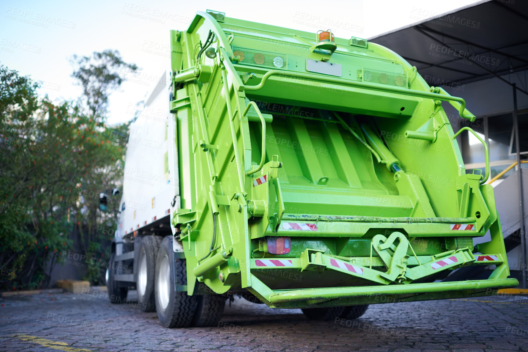 Buy stock photo Garbage truck, dirt and transport for collection service on street in city for public environment cleaning. Junk, recycling and vehicle with waste or trash for outdoor road sanitation or maintenance.