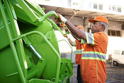 Buy stock photo Trash, waste management and garbage truck with men in uniform cleaning outdoor on city street. Job, service and male people working with rubbish for sanitation, maintenance or collection of dirt.