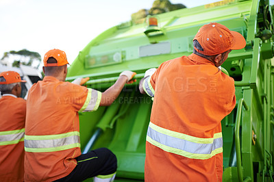 Buy stock photo Men, garbage truck and trash collection service for city pollution for cleaning, environment or teamwork. Male people, back and dirt transportation for sidewalk debris in New York, mess or litter