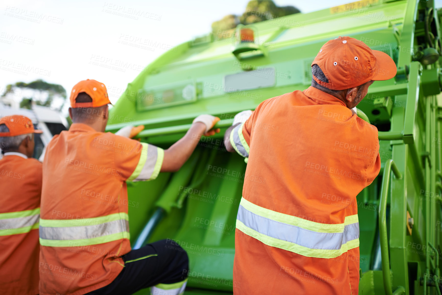 Buy stock photo Men, garbage truck and trash collection service for city pollution for cleaning, environment or teamwork. Male people, back and dirt transportation for sidewalk debris in New York, mess or litter