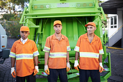 Buy stock photo Men, garbage truck and portrait or collection service in city or waste management or pollution, plastic or environment. Teamwork, face and dirt transportation in New York or sanitation, junk or trash