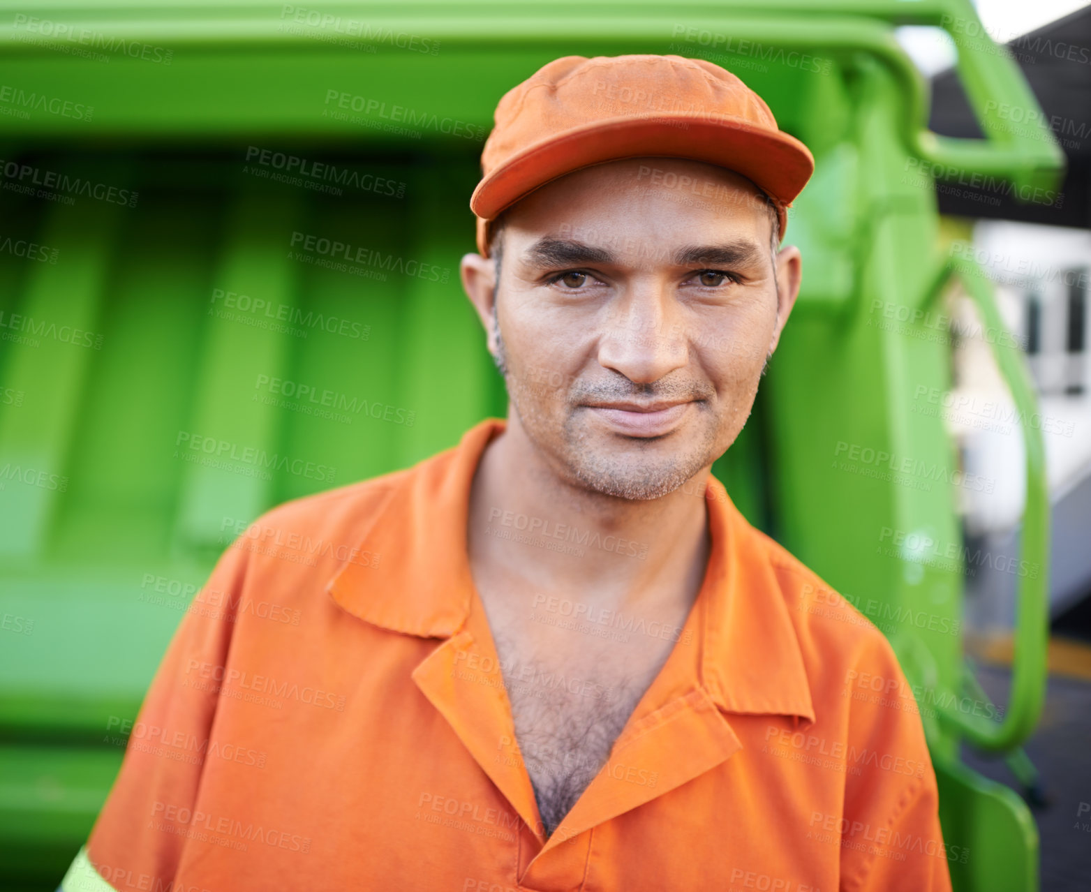 Buy stock photo Portrait, man and working with garbage truck for trash, outdoor and Cape Town. Male person, adult and employee with orange uniform for service in urban city, waste and recycling in environment