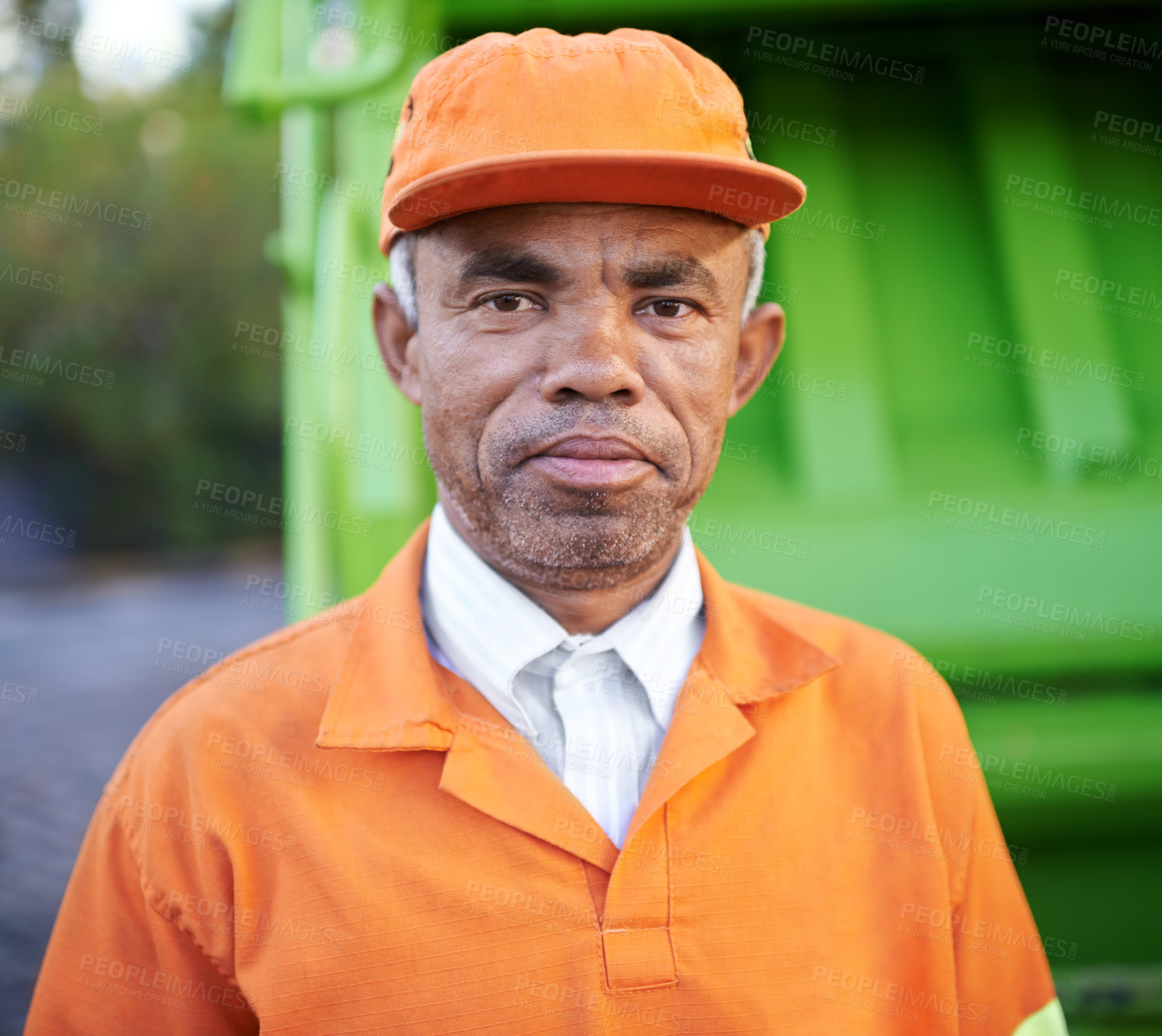 Buy stock photo Portrait, man and worker for garbage collection with truck for trash, outdoor and Cape Town. Black person, adult and employee with uniform for service in urban city, waste and pollution in dump site