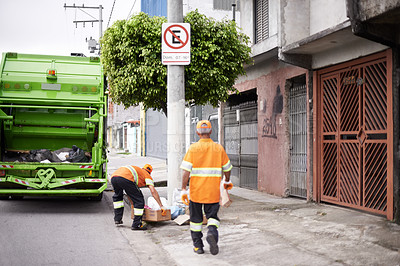 Buy stock photo Men, garbage truck and collection service in city for public environment with teamwork, recycling or waste management. Uniform, maintenance and dirt transportation in New York, sanitation or refuse