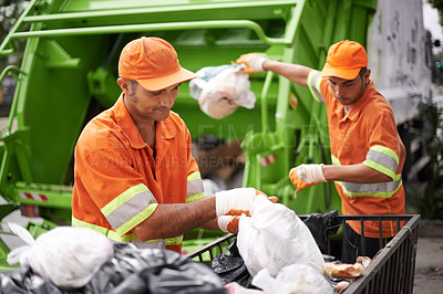 Buy stock photo Men, garbage truck and plastic collection as service for city pollution on sidewalk for cleaning, environment or waste management. Teamwork, recycling and trash transportation, junk or sanitation